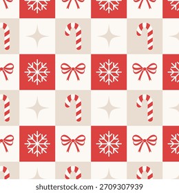 Festive checkerboard Christmas seamless pattern with candy cane, bow and snowflake icons. Modern geometric holiday seamless design.