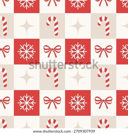 Festive checkerboard Christmas seamless pattern with candy cane, bow and snowflake icons. Modern geometric holiday seamless design.