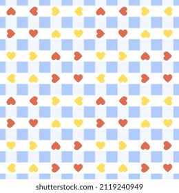 Festive checkered pattern in blue, white colors, red and yellow hearts. Seamless vector illustration.