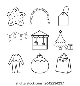 Festive cheer with Christmas cookie garland arch gift tag lights market stall morning scene pajamas pudding and shopping bag Vector line art on white background.