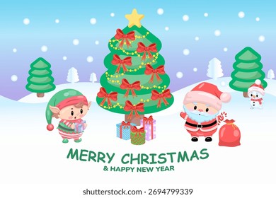 Festive cheer: santa and elf decorating christmas tree in snowy wonderland.