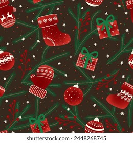 Festive cheer with this cozy holiday themed seamless pattern. Hand drawn elements in warm brown hues evoke the joy of Christmas celebrations, perfect for holiday decor and crafts. Vector format.