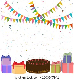 Festive cheerful bright background with flags, cake, confetti and gift boxes. Isolated on white background.