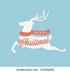 Festive cheerful Christmas retro postcard with a jumping reindeer in a red scarf. Vector new year vintage greeting card. Elegant and beautiful deer silhouette running through the falling snow.