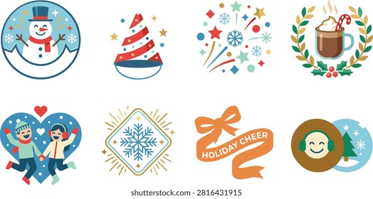 A festive and cheerful collection of flat vector winter holiday icons including a smiling snowman badge, striped party hat, festive fireworks explosion, warm hot chocolate with whipped cream and candy cane framed by a wreath, happy kids playing inside a heart shape, decorative snowflake diamond emblem, orange 