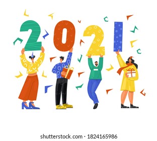 Festive cheerful people are holding numbers. New Year and Christmas 2021. Use to create postcards, posters, greeting. Stock vector illustration. Bright cartoon design. Isolated on a white background.