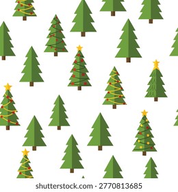 A festive and cheerful seamless pattern featuring various green Christmas trees, some adorned with stars and lights, on a clean white background, perfect for holiday designs.