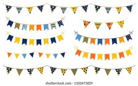 Festive and cheerful vector buntings with colorful flags with dots and stripes for kid birthdays, parties and other celebrations