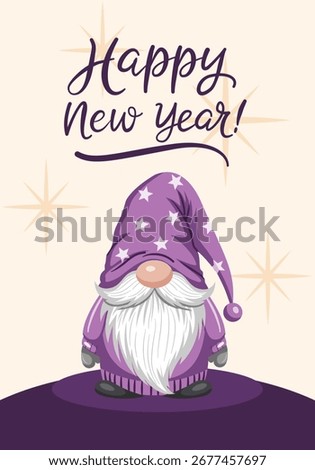 A festive and cheerful vertical greeting card design for Happy New Year featuring a charming purple gnome with a star-patterned hat and a long white beard.