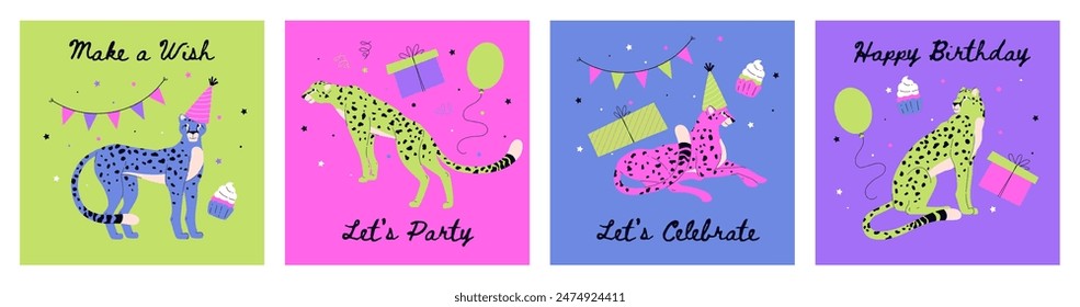 Festive cheetah celebration set. Vector illustrations of playful cheetahs with party hats, gifts, and balloons on vibrant backgrounds.