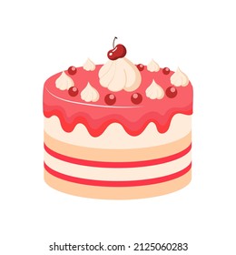 Festive Cherry Cake with Berries and Marshmallows. Festive Sweet Dessert or Pastries. Vector Illustration