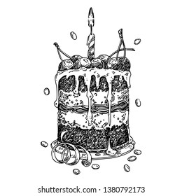 Festive cherry cake with one candle. Sketch. Engraving style. Vector illustration.