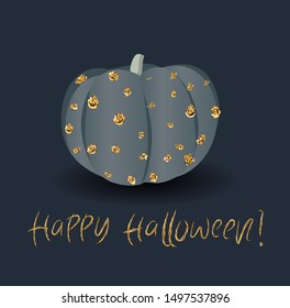 Festive chic elegant postcard. Beautiful Halloween. Golden pumpkin on a dark background