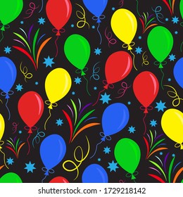 Festive childish seamless pattern background, celebration with multi-colored bright blue yellows red green inflatable balloons fireworks serpentine stars, black background, fun holiday birthday party