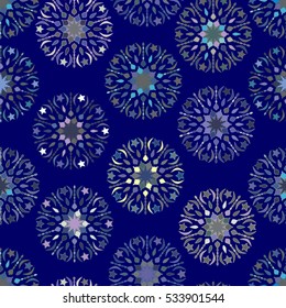 Festive childish seamless pattern with fireworks, stars, snowflakes. Vector. Copy that square to the side and you'll get seamlessly tiling pattern. Use for wrapping, cards, baby clothes and more