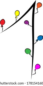 Fuente festiva para niños. Ramas negras y globos de colores brillantes. Cumpleaños, aniversario, feriado. Diseño de tarjetas de felicitación e invitaciones para bodas y aniversarios. Número árabe 1. Conciso 