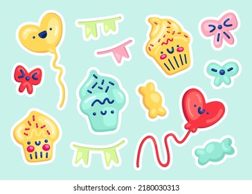 Festive children's set of 3d vector icons and stickers. Cartoon kawaii smiling cupcakes, candies, balloons, ribbons and bows. Bright and cute vintage retro badges and patches for print, textile