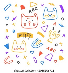 A festive children's vector set with bright and cute abstract kittens, geometric shapes, doodles, letters and inscriptions in scandinavian style. Universal greeting and gift set for textile, wrappers