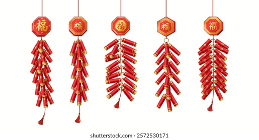 Festive Chinese firecrackers clusters with lucky pendants realistic color icons set. Asian festival explosive items 3d objects bundle on white. inscription on the badge is “Luck”