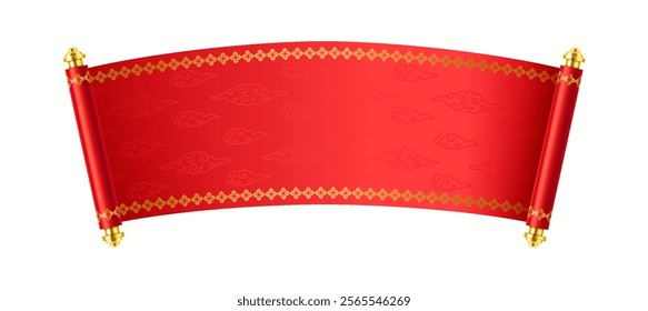 Festive Chinese hand-scroll with mockup design realistic vector illustration. Red oriental manuscript for holiday greeting 3d object on white