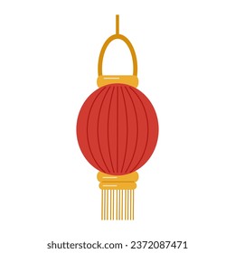 Festive Chinese lantern. Oblong red with fringe. Design a flyer, banner. Vector illustration