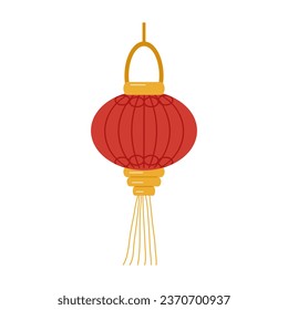 Festive Chinese lantern. Round red with a pattern and fringe. Design a flyer, banner. Vector illustration