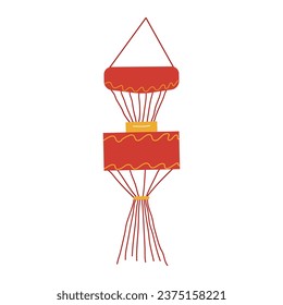 Festive Chinese lantern. Square two piece red with fringe. Design a flyer, banner. Vector illustration