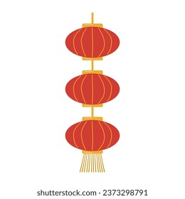 Festive Chinese lantern. Three round red with a pattern and fringe. Design a flyer, banner. Vector illustration