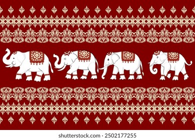 Festive Chinese New Year card with a seamless pattern featuring elephants, blending traditional Chinese elements with a winter theme in red and gold,elephants pattern,traditional ethnic, thai