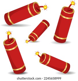 Festive Chinese New Year firecracker set. Isolated on white and red, exploding with flashes and smoke. Translated characters Good Luck and double love. Vector illustration.