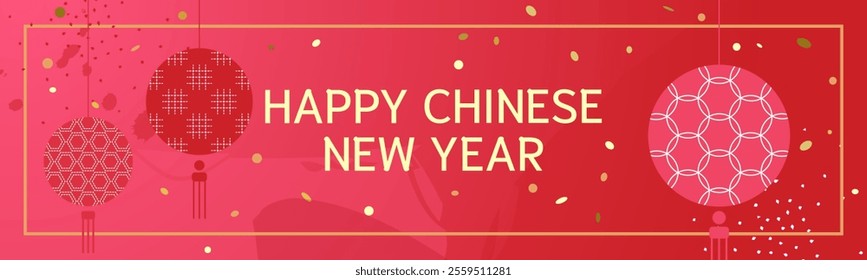 Festive Chinese New Year hanging red lanterns and lucky charms banner with gold confetti and modern design