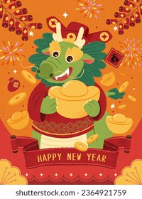 Festive Chinese new year poster. Dragon God of wealth holding gold ingot on festive background with CNY decorations. Text: Spring. Fortune.