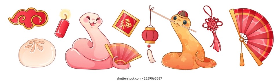 Festive chinese new year set. Kawaii snake characters - pink serpent with fan, orange snake with lantern. Traditional decorations - cloud motif, firecracker, dumpling, blessing card, knot and blower.