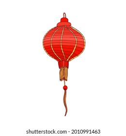 Festive Chinese paper lantern. Red round-shaped street lamp with bead and fringe in China. Tanglung, Asian holiday decoration, hanging on string. Drawn vector illustration isolated on white background