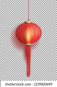 Festive Chinese Red Lantern Template. 3d Symbol Of Chinese Culture. Holiday Paper Lamp Isolated On Transparent Background. Vector Illustration.