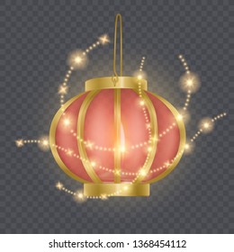 Festive Chinese red lantern template, lamp surrounded by shining stars isolated on transparent background. 3d symbol of Chinese culture. Vector illustration