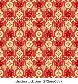 Patrón chino festivo sin fisuras con linternas rojas y doradas, flores de ciruelo y nudos auspiciosos. Fondo de Vector oriental vibrante para las celebraciones del Año Nuevo Lunar.