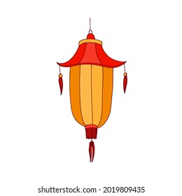 Festive Chinese street lantern with fringe, hanging on chord. Oriental traditional decorative collapsible paper light in China. Asian lamp. Drawn vector illustration isolated on white background