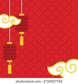 Fondo de Plantilla temático chino festivo sobre un fondo rojo con linternas tradicionales y nubes arremolinadas adecuadas para celebraciones del Año Nuevo Lunar y diseños de vacaciones.