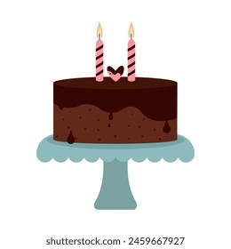 Festive chocolate cake with candles and heart. Birthday, wedding or anniversary. Vector illustration in minimalist flat style.