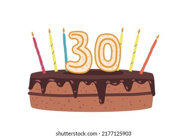 Festive Chocolate Cake With Candles For Thirty Years Old Celebration Isolated On White Background. Bakery, Sweets And Pastry Dessert With Choco Cream And Digit 30. Cartoon Vector Illustration