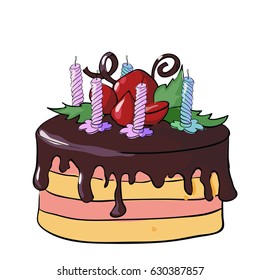 Festive chocolate cake with candles. Vector illustration