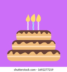 Festive chocolate cake with three burning candles. Vector illustration of a multi-layer birthday cake. Pink background