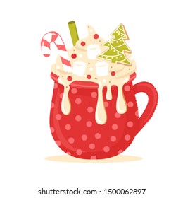 Festive chocolate cocktail decorated with ginger cookies, marshmallows, berries and sweets. For holiday cards, tags and greeting cards