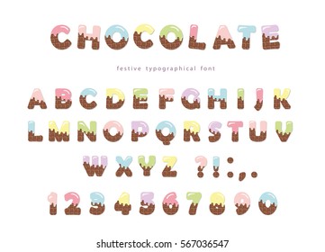 Festive chocolate font. Funny letters and numbers can be used for birthday card, Valentines day, baby shower, sweets shop, girls magazine. Isolated.