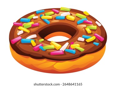 Festivo rosted donut chocolate adornado com polvilhos coloridos, uma sobremesa alegre e deliciosa. Ilustração de desenho animado vetorial