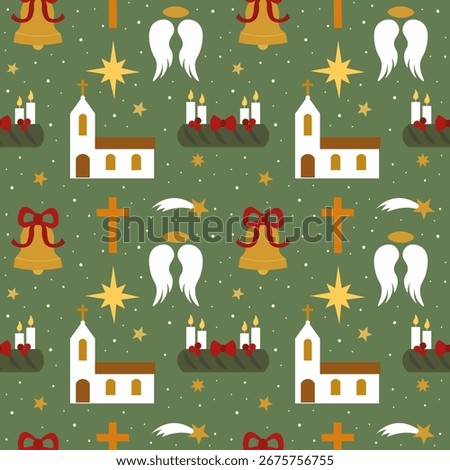 Festive Christian Christmas seamless pattern featuring churches, crosses, bells, candles, wreaths, and glowing stars. Sacred religious holiday design with divine and spiritual ambiance.
