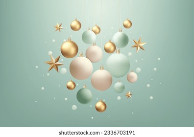 Navidad festiva 3d fondo realista. Decoración dorada y blanca de árboles de Navidad. Elementos para la tarjeta navideña de diseño, afiche, pancarta. Ilustración vectorial