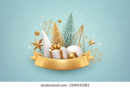 Festive Christmas 3d realistic Background. Gold, white Christmas Tree Decorations. Elements for Design Christmas card, poster, banner. Vector Illustration EPS10