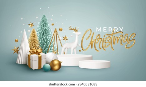 Festive Christmas 3d realistic Background. Gold, white Christmas Tree Decorations. Elements for Design Christmas card, poster, banner. Vector Illustration EPS10